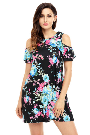 Ruffled Cold Shoulder Black Floral Dress