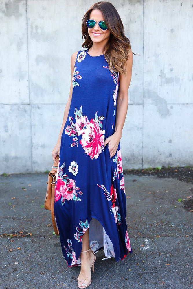 Blue Floral Pocketed Holiday Maxi Boho Dress