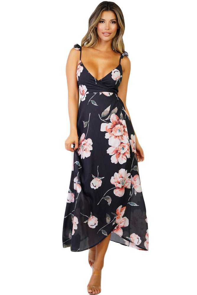 Black Floral Print Strap Detail Boho Dress
