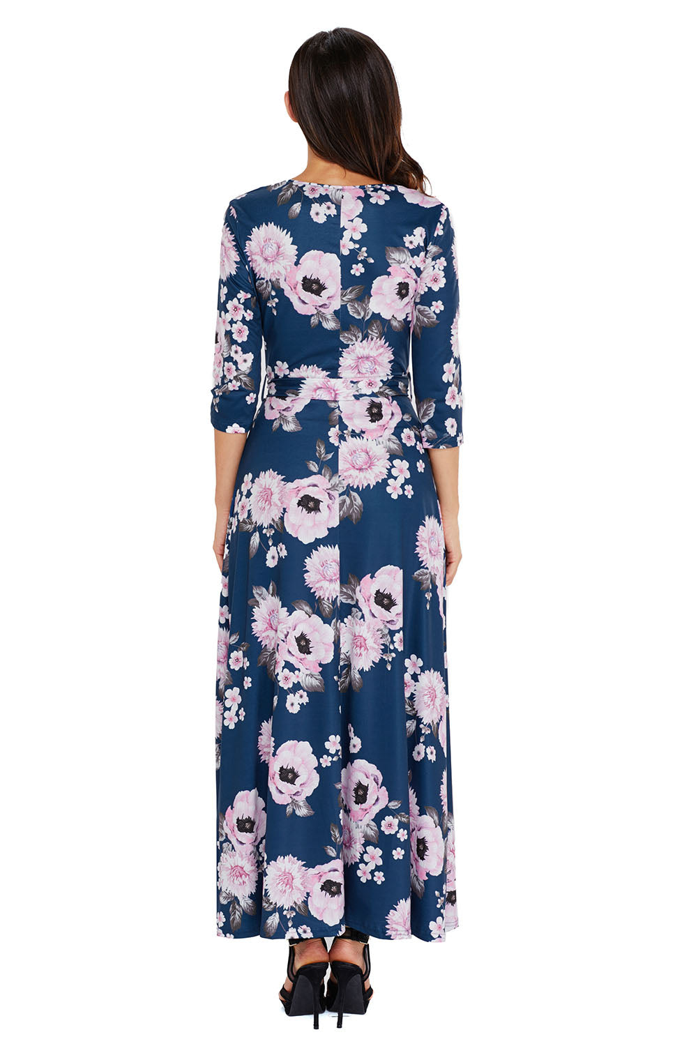 Navy Blue Blooming Flower Print Wrap V Neck Boho Dress