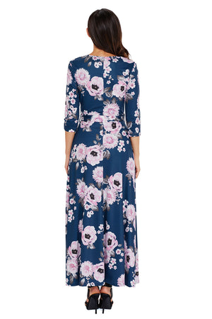 Navy Blue Blooming Flower Print Wrap V Neck Boho Dress