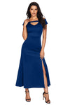 Blue Cold Shoulder Front Slit Flare Maxi Dress