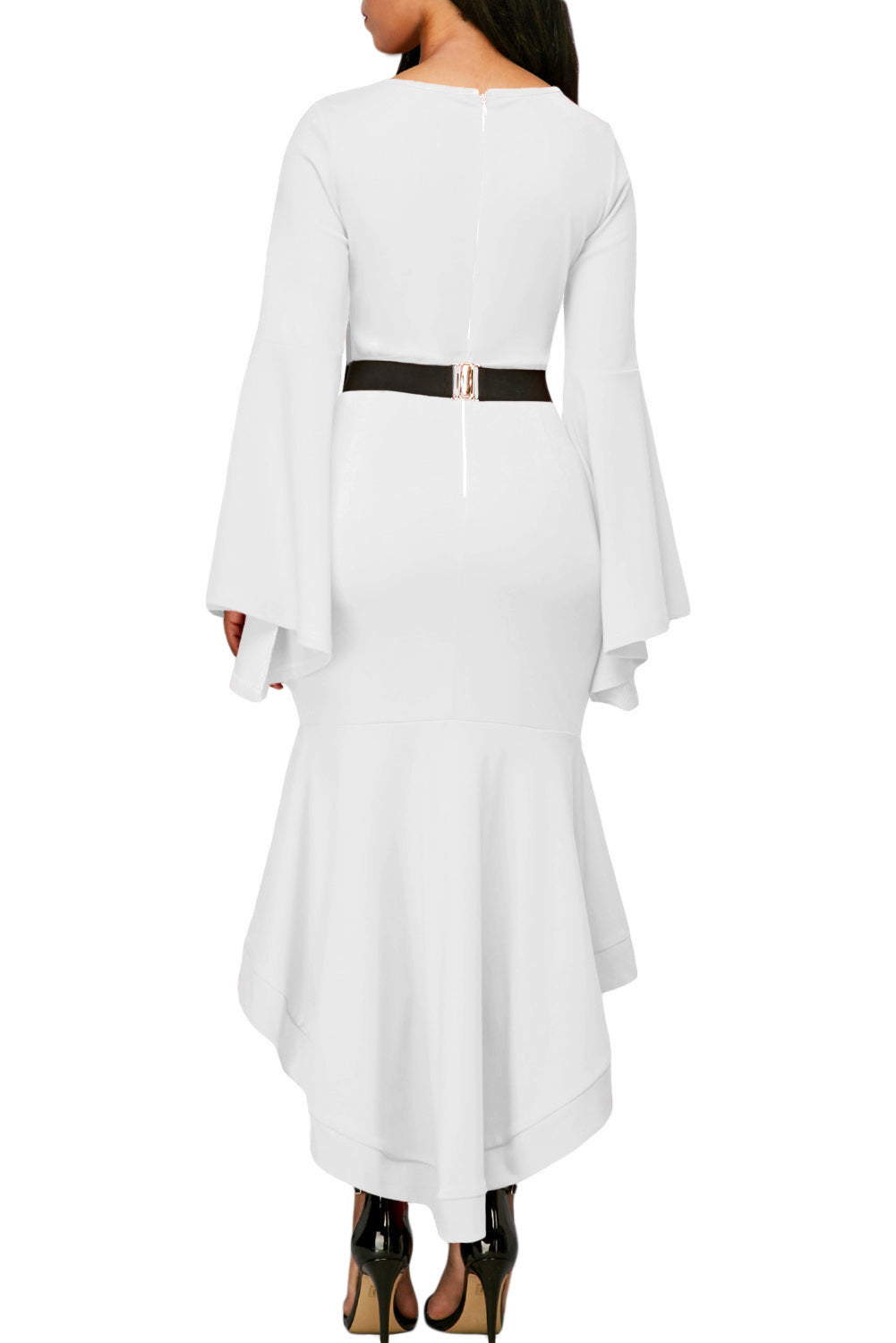 White Bell Sleeve Dip Hem Belted Dress