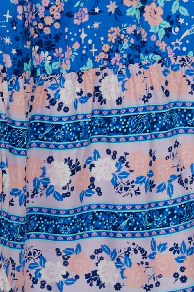 Blue V-Neck Beach Resort Printed Dress