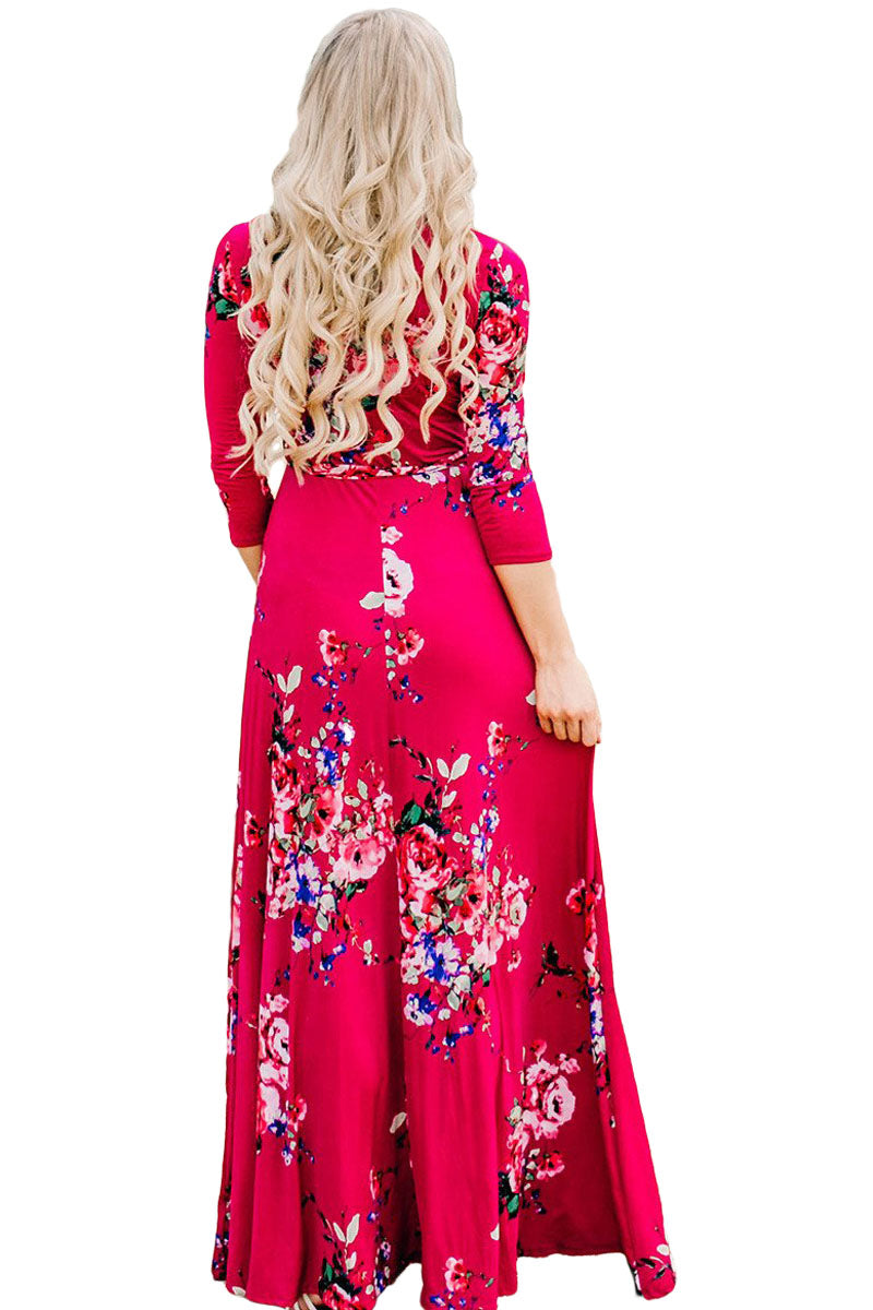 Scarlet Floral Print Wrapped Long Boho Dress