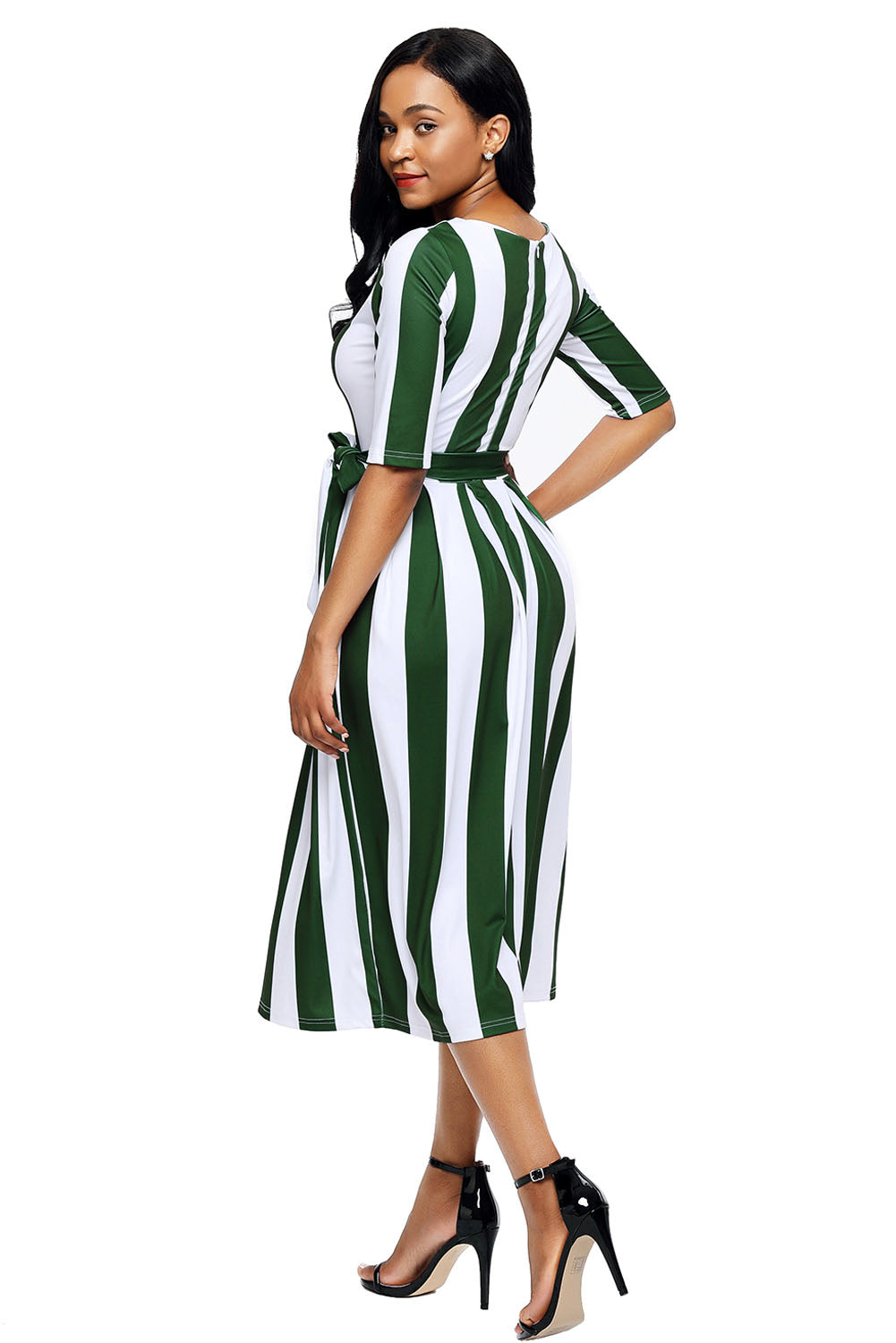 Olive Stripe Print Half Sleeve Belted Dress