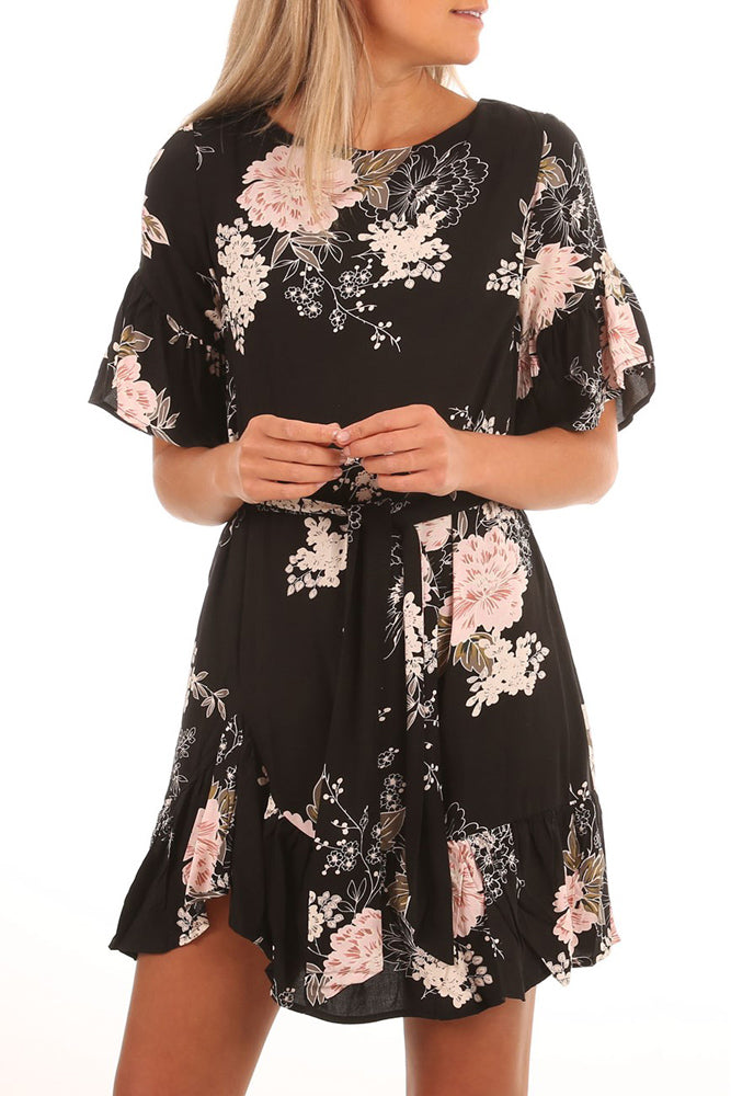 Black Floral Pattern Ruffle Hem Chiffon Dress