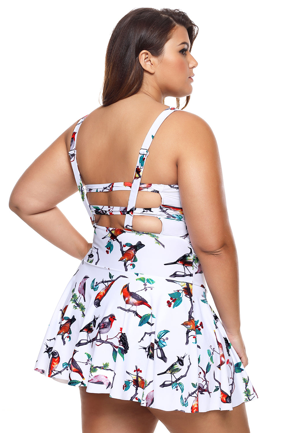 Lively Bird Print Ruched One Piece Swimdress