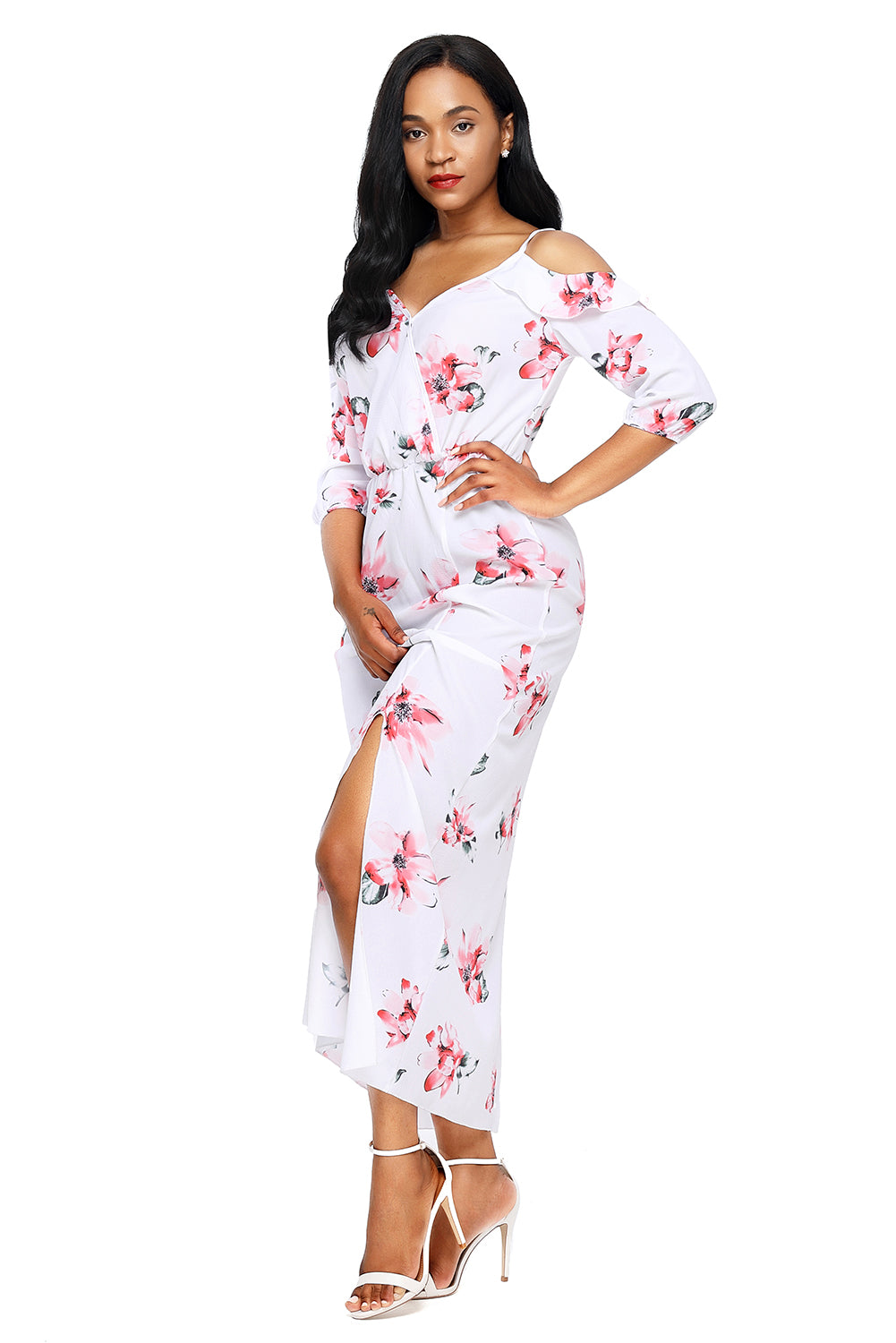 White Cold Shoulder Floral Slit Maxi Dress