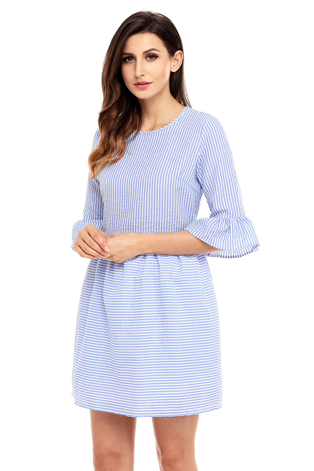 Navy White Stripe Flounce Sleeve Seersucker Dress