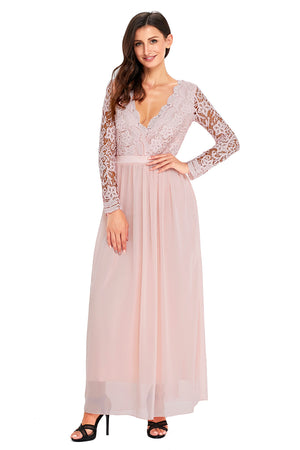Pink Open Back Long Sleeve Crochet Maxi Party Dress