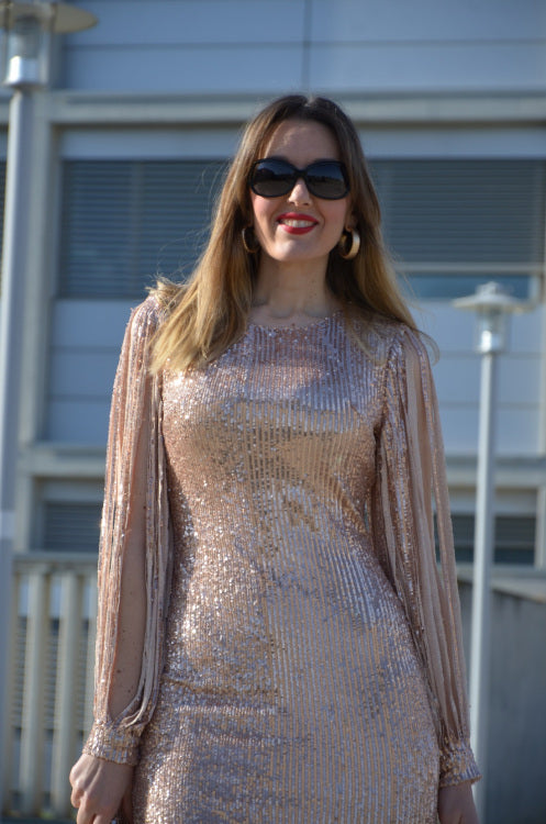 Nude Sequin Tassel Sleeve Bodycon Evening Dress