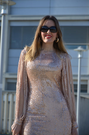 Nude Sequin Tassel Sleeve Bodycon Evening Dress