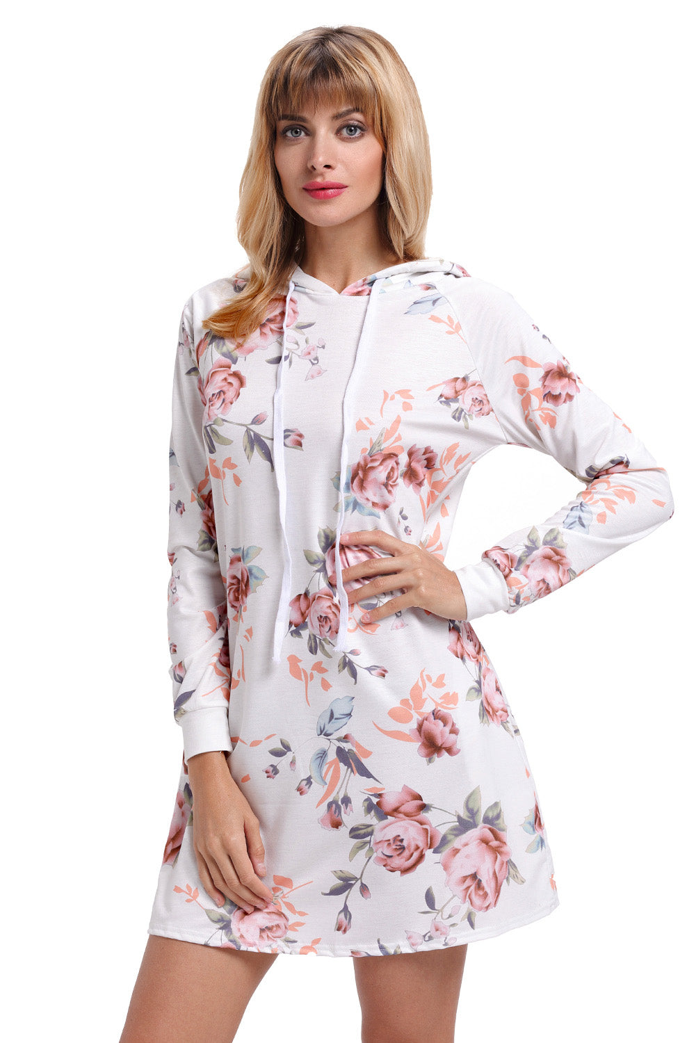 White Floral Print Drawstring Hoodie Dress