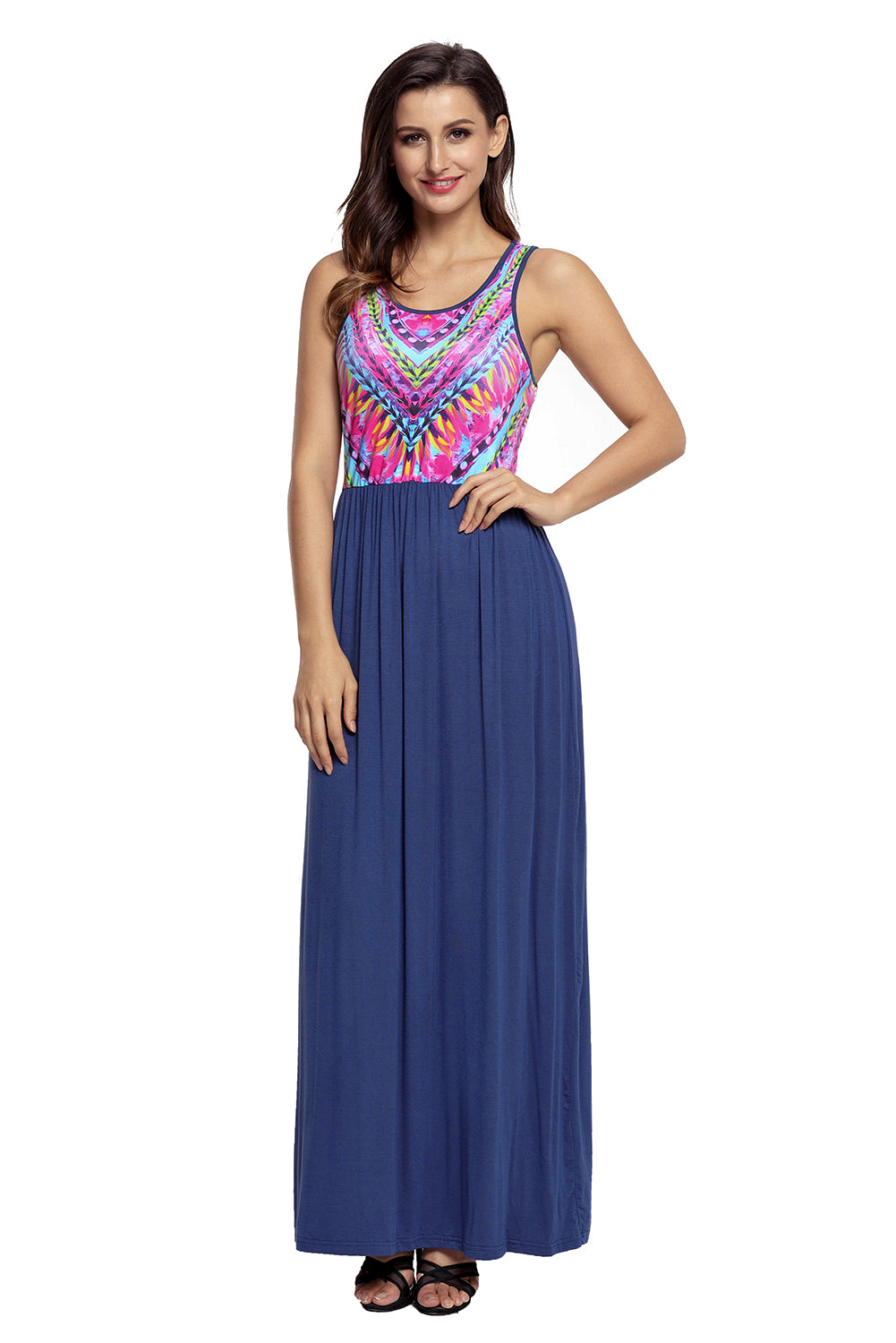 Stylish Tribal Print Sleeveless Navy Maxi Dress