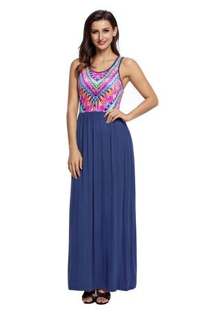 Stylish Tribal Print Sleeveless Navy Maxi Dress