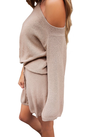 Khaki Off The Shoulder Knit Sweater Dress