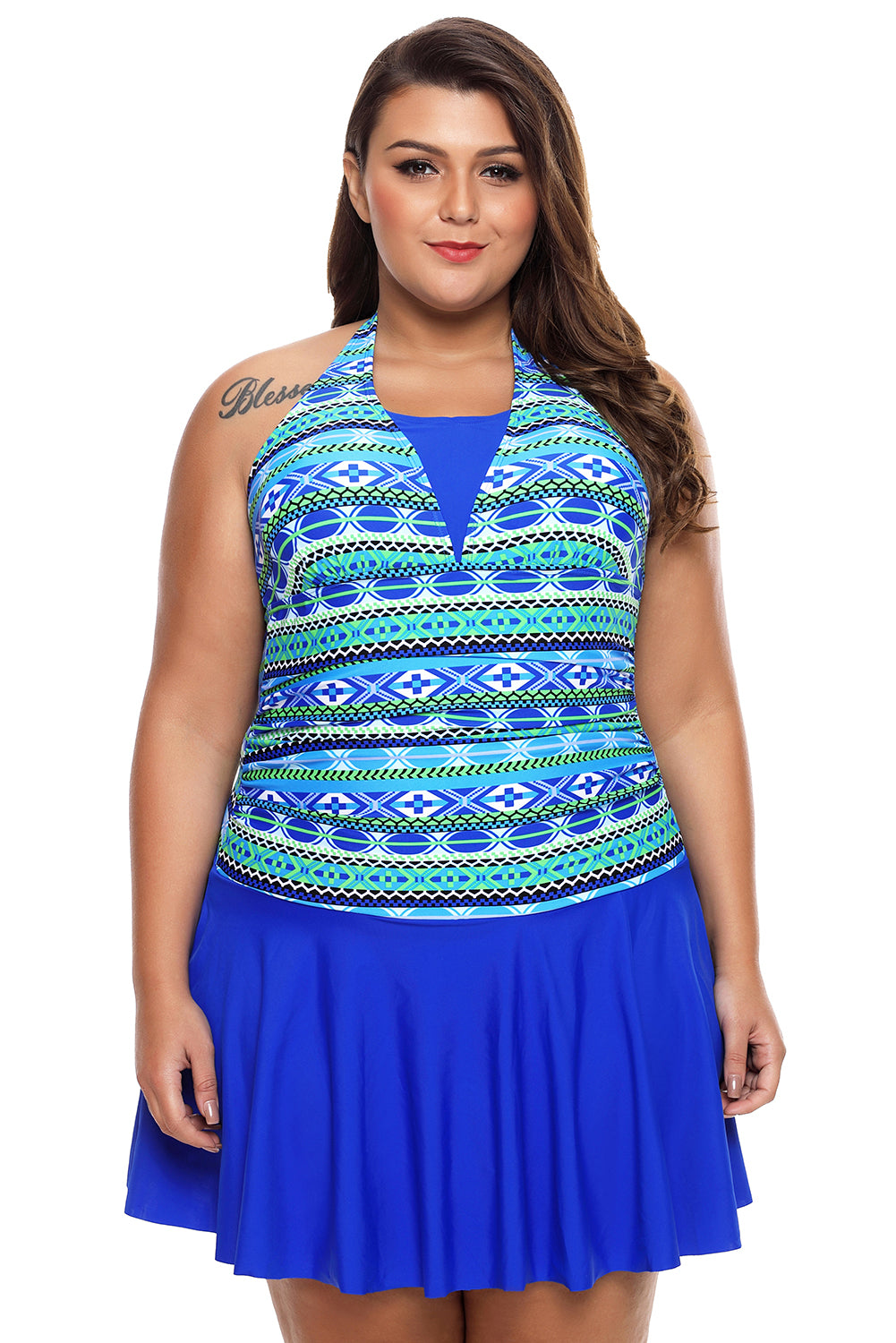 Aztec Print Royal Blue Halterneck One Piece Swimdress