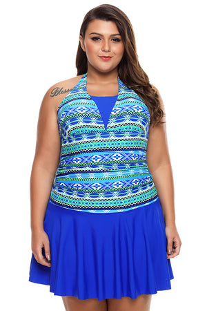 Aztec Print Royal Blue Halterneck One Piece Swimdress