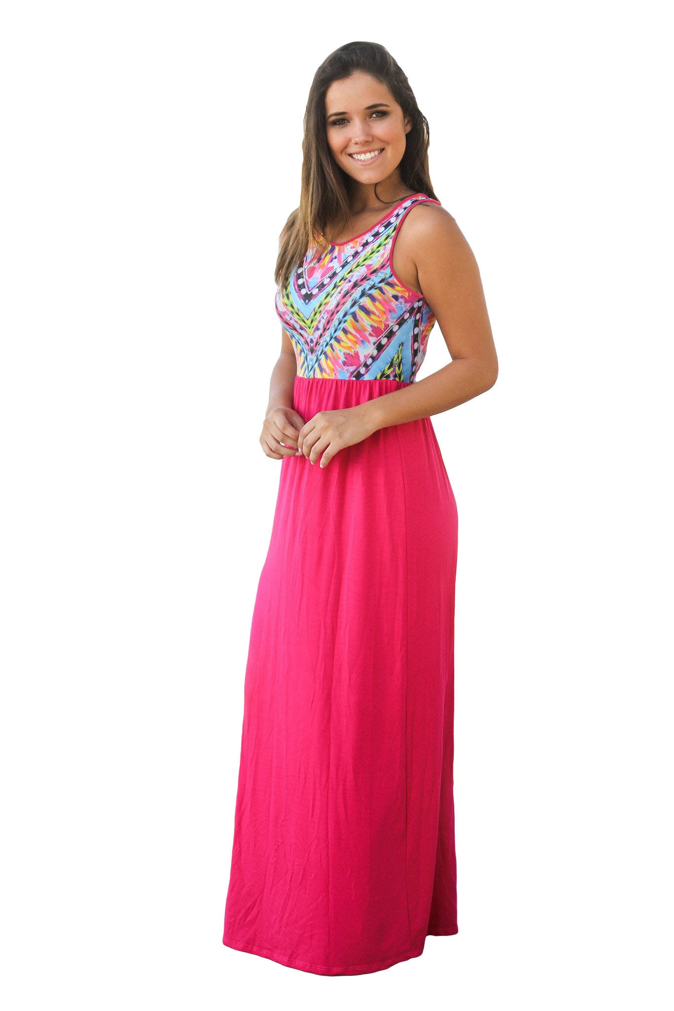 Stylish Tribal Print Sleeveless Rosy Maxi Dress