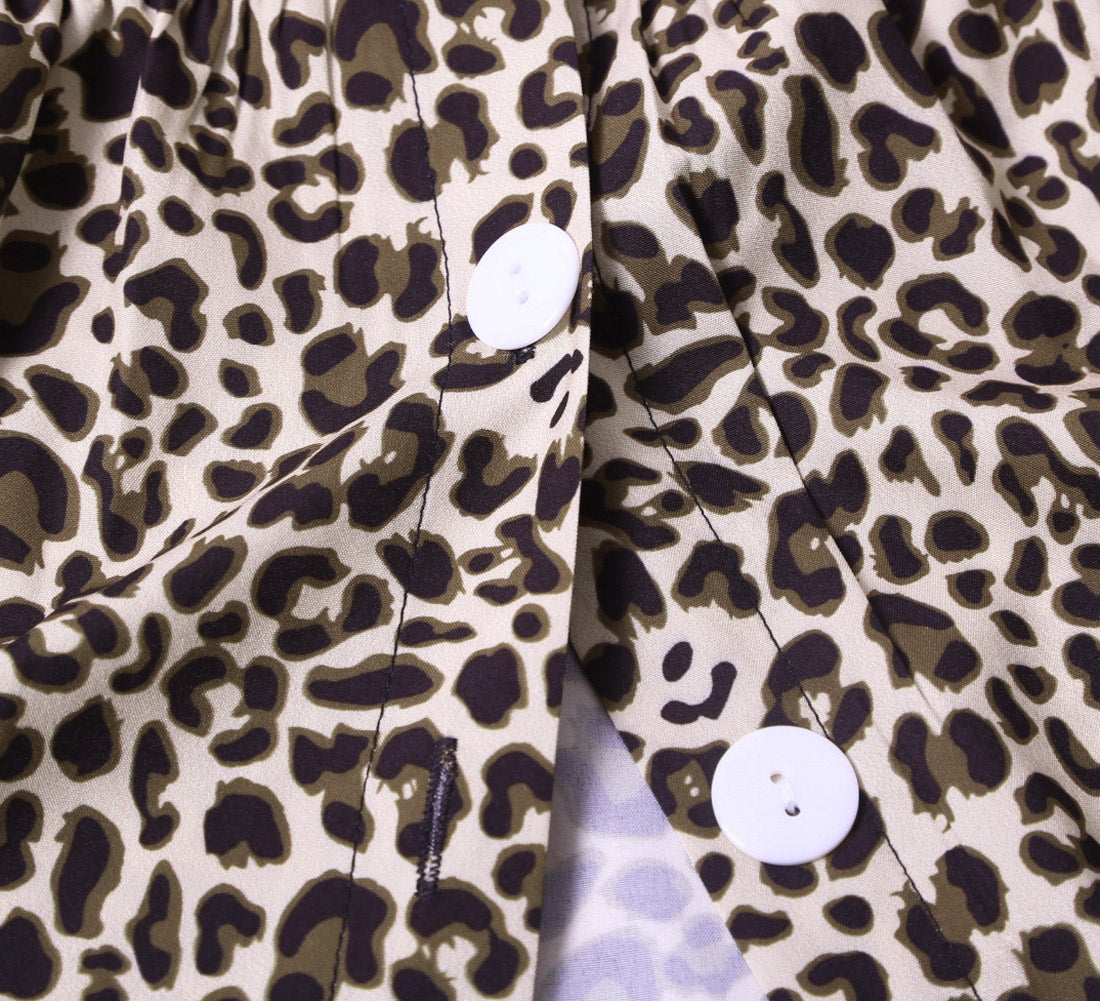 Leopard Print V Neck Button Half Sleeves Swing Dress