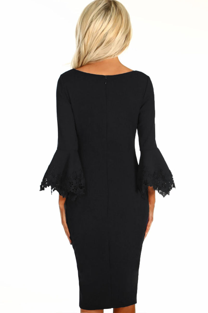 Black Crochet Frill Sleeve Midi Dress