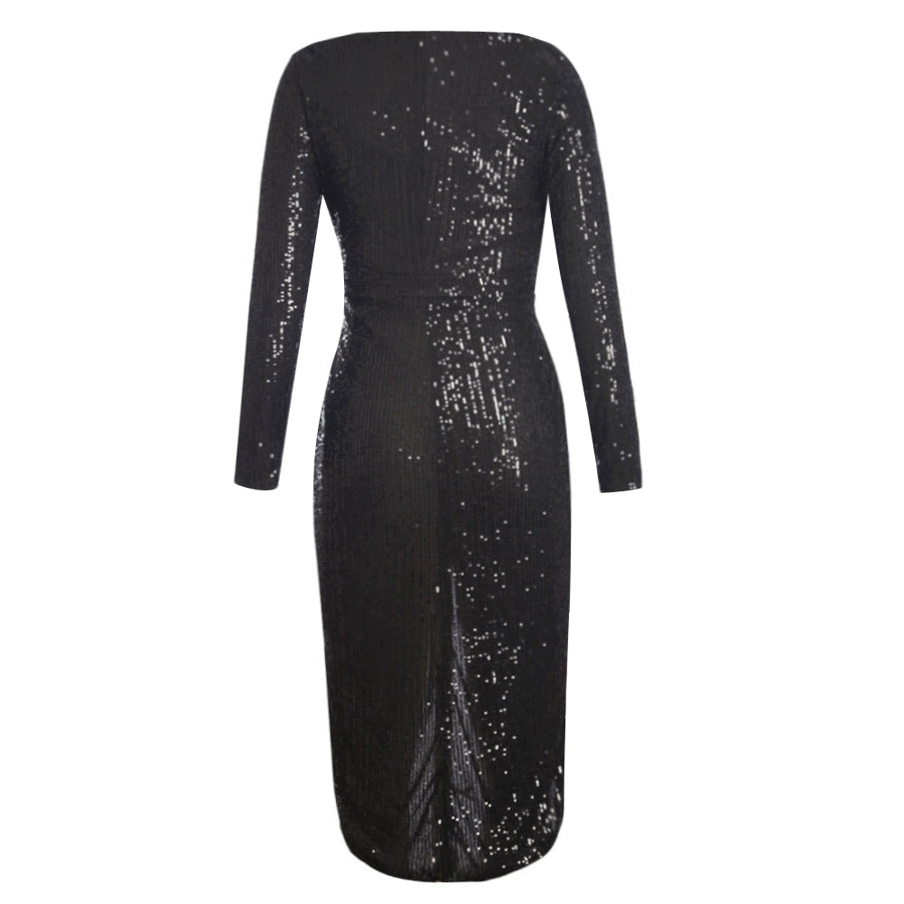 Black Sequins Wrapped Ruched Irregular Dresses