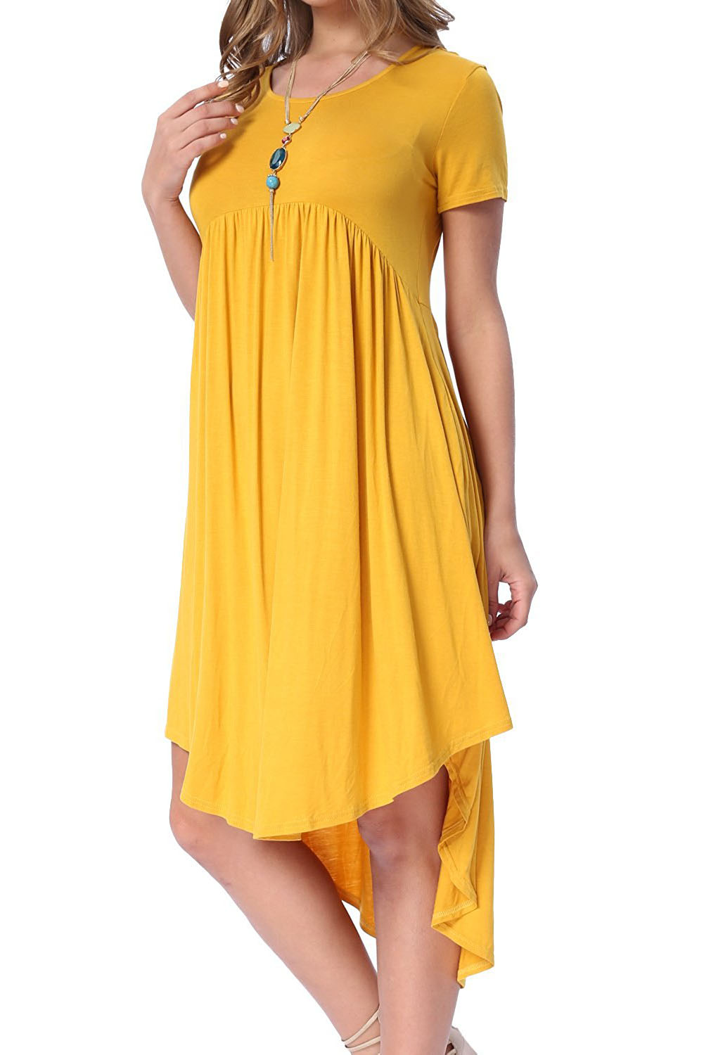 Yellow Short Sleeve High Low Pleated Casual Swing Dress