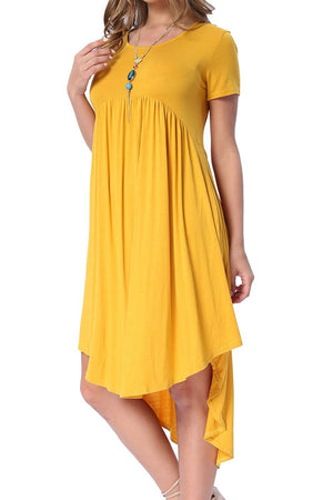 Yellow Short Sleeve High Low Pleated Casual Swing Dress