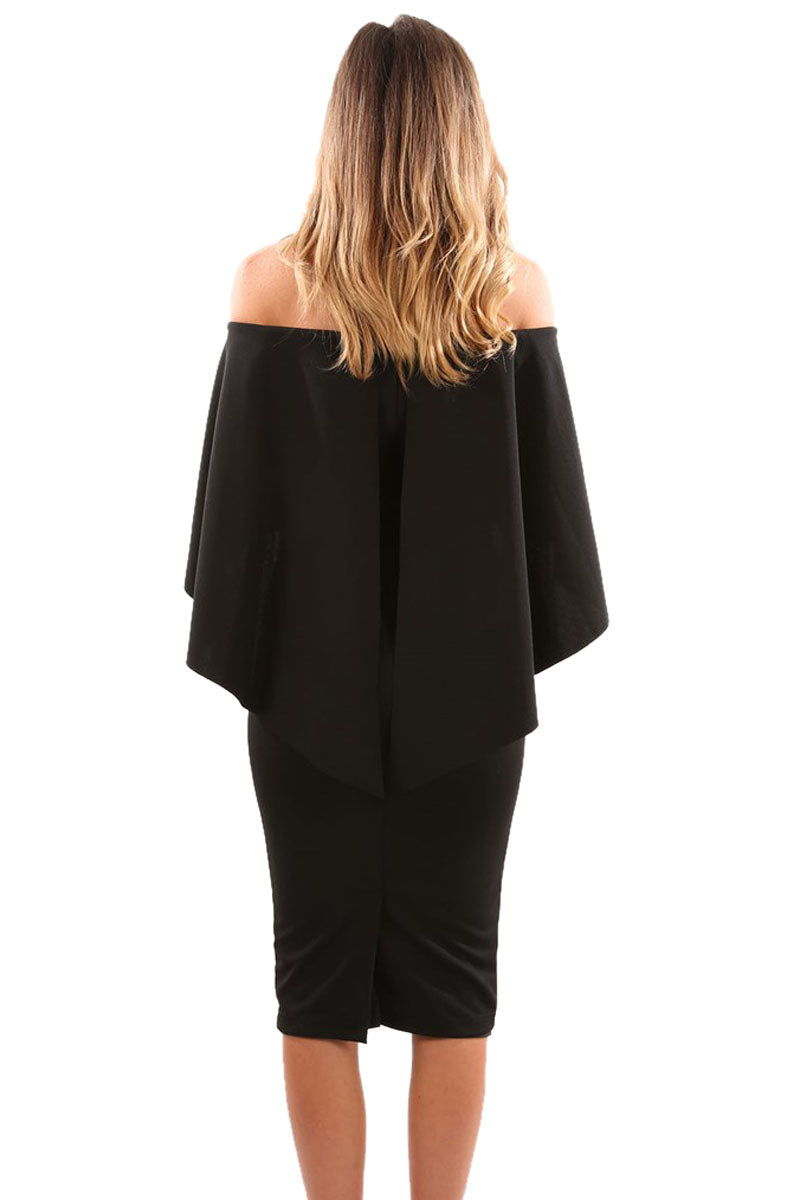 Black Luxurious Off Shoulder Batwing Cape Midi Poncho Dress