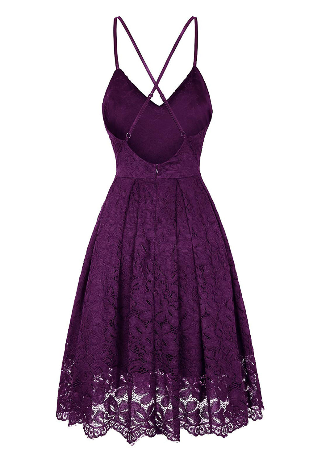 Purple Lace Floral V Neck Backless Cocktail A-Line Dress