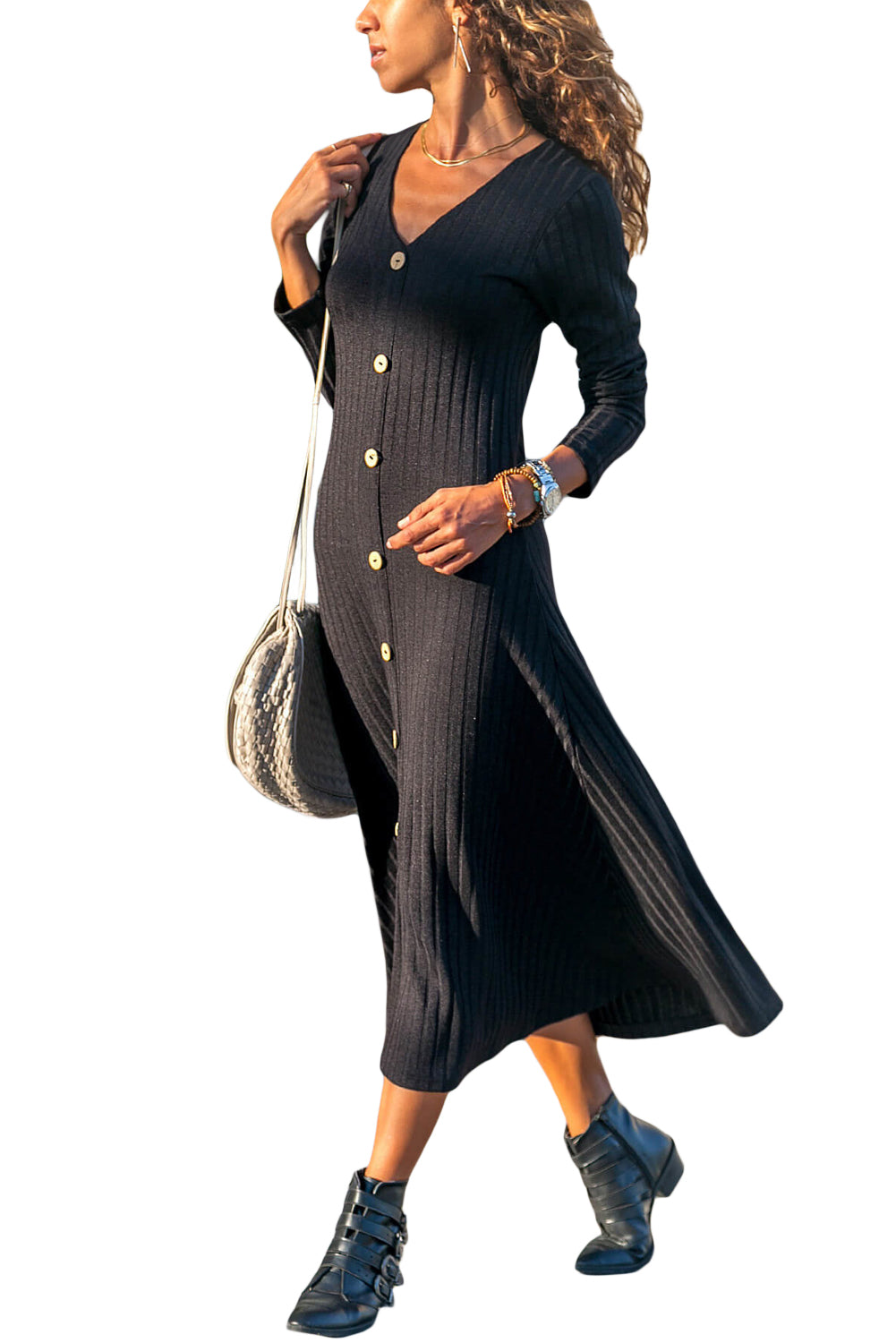 Black Button Front Long Sleeve Ribbed Maxi Dress