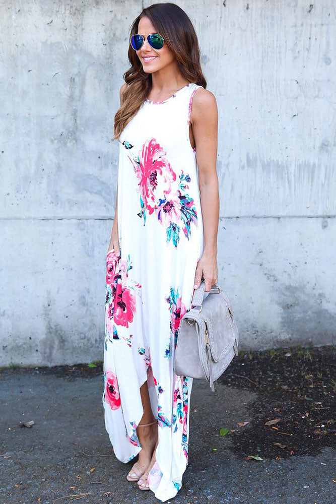 White Floral Pocketed Holiday Maxi Boho Dress