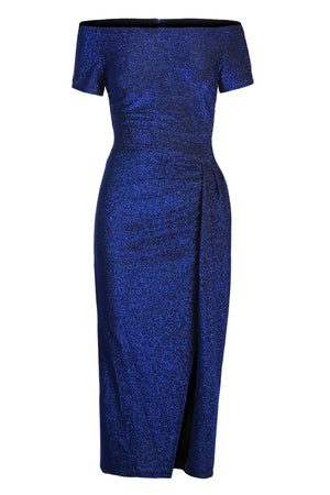 Blue Off Shoulder Short Sleeve Metallic Slit Party Dress