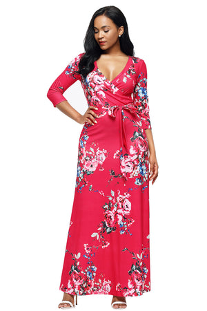 Scarlet Floral Print Wrapped Long Boho Dress