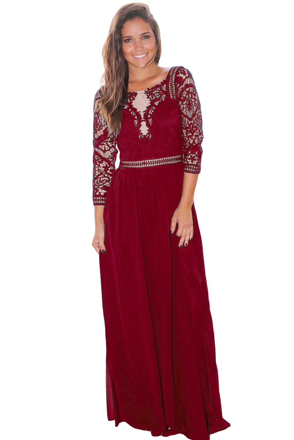 Wine Lace Crochet Quarter Sleeve Maxi Dress