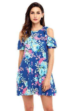 Ruffled Cold Shoulder Blue Floral Dress