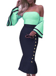 Sky Blue Flare Sleeve Button Bodycon Cocktail Party Dress
