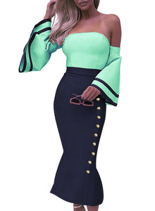Sky Blue Flare Sleeve Button Bodycon Cocktail Party Dress