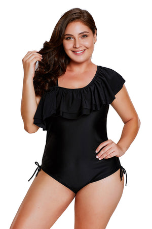 Black Spaghetti Strap One Shoulder Frill Teddy Swimsuit