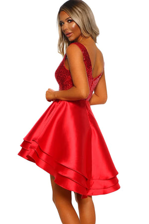 Heart Broken Red Gold Sequin Multi Layer Skater Dress