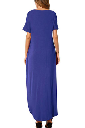 Blue Casual Loose Pocket Short Sleeve Split Maxi Dress