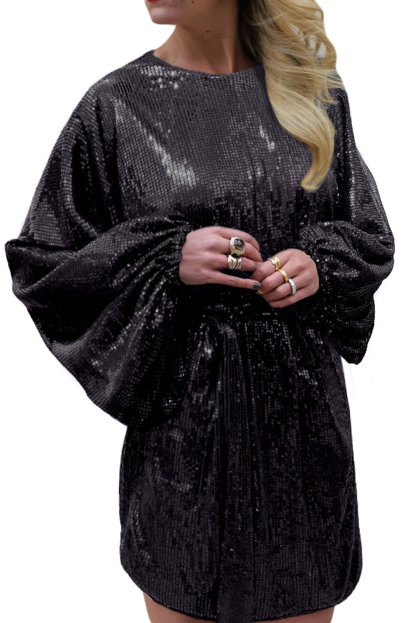 Black Oversized Caftan Mini Dress In Sequin