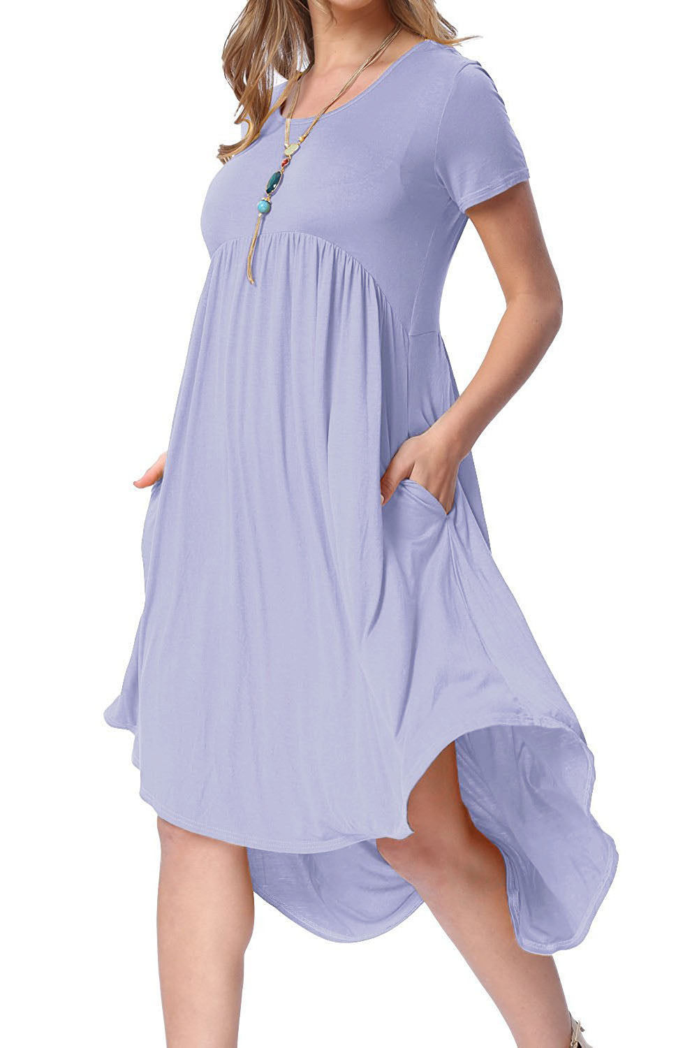 Mauve Short Sleeve High Low Pleated Casual Swing Dress