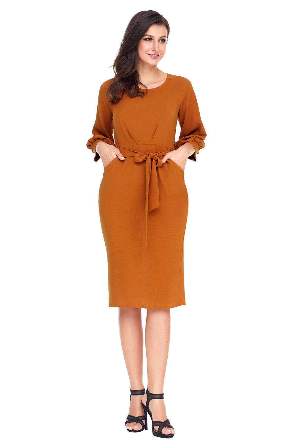 Mustard Puff Sleeve Belt Chiffon Pencil Dress