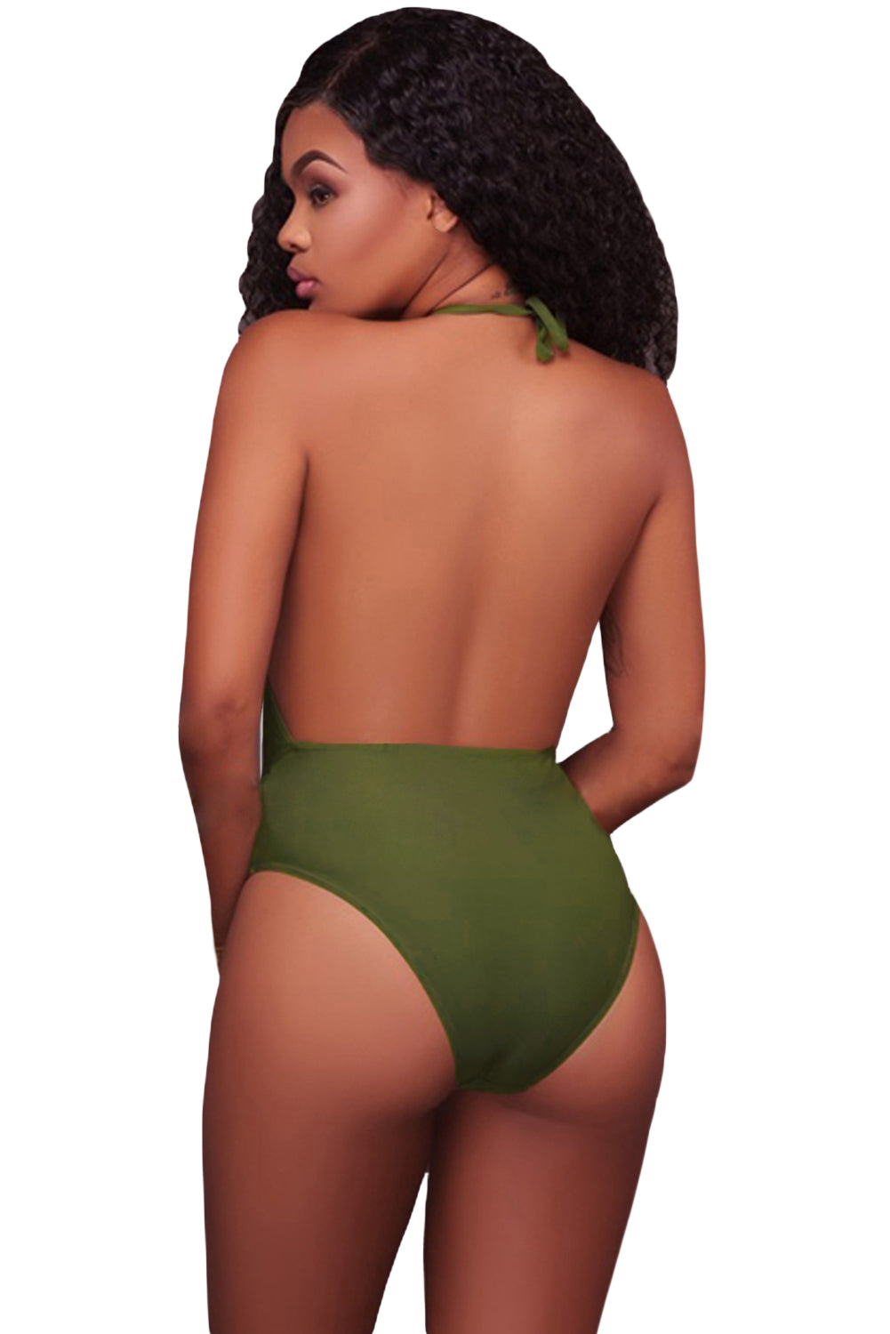 Army Green Caged Front Halter One Piece Swimsuit