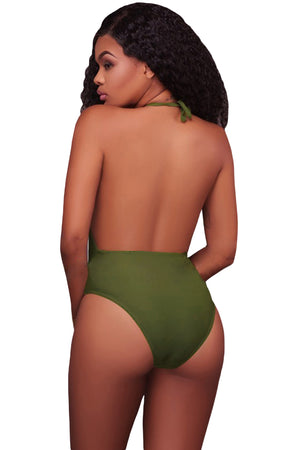 Army Green Caged Front Halter One Piece Swimsuit
