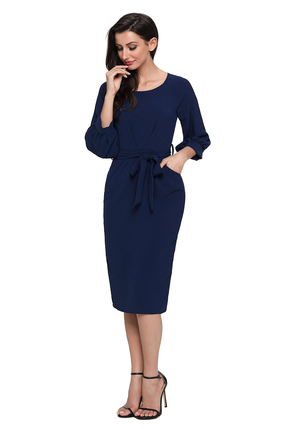 Blue Puff Sleeve Belt Chiffon Pencil Dress