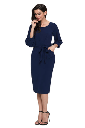 Blue Puff Sleeve Belt Chiffon Pencil Dress