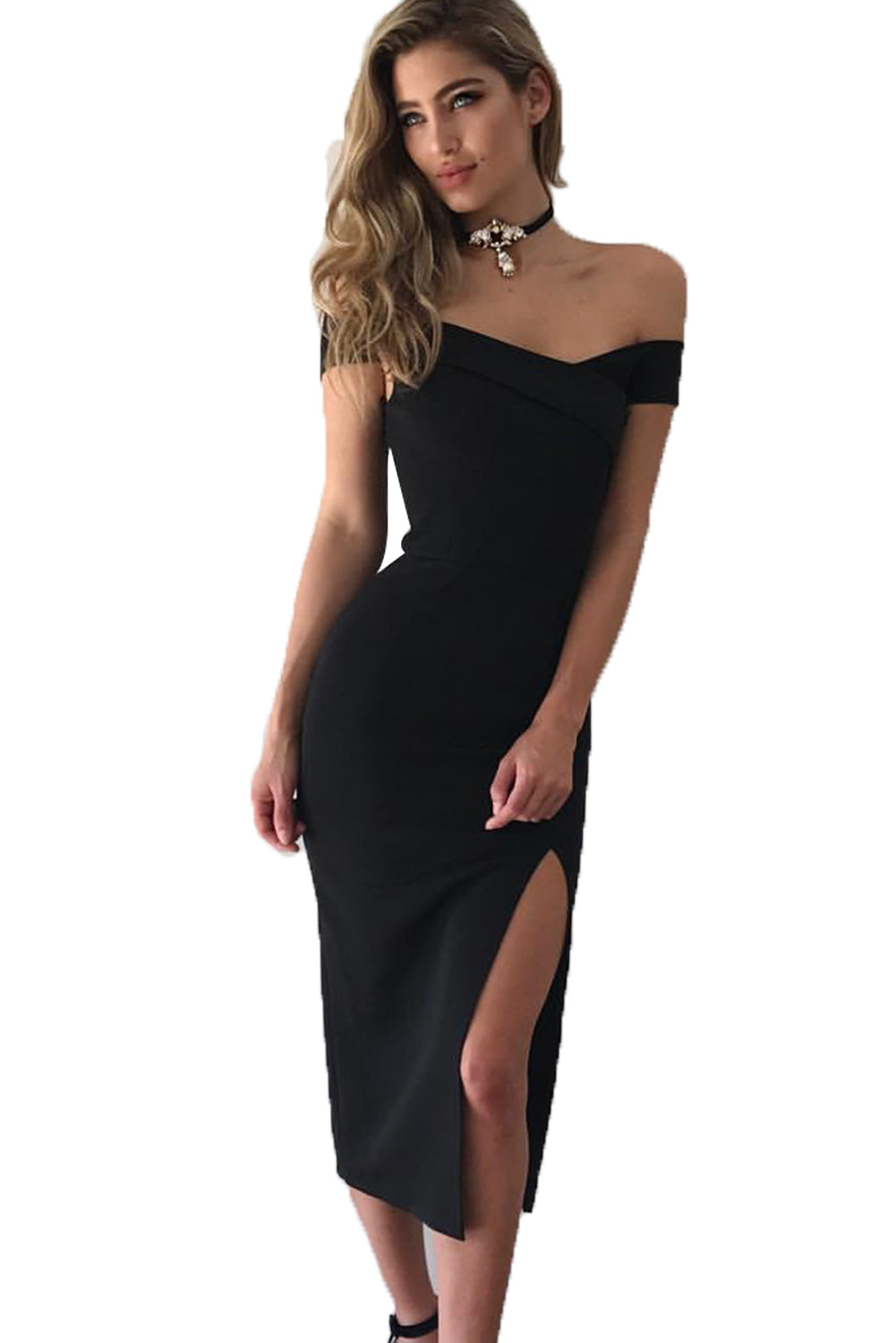 Black Bodycon Off Shoulder Split Midi Dress